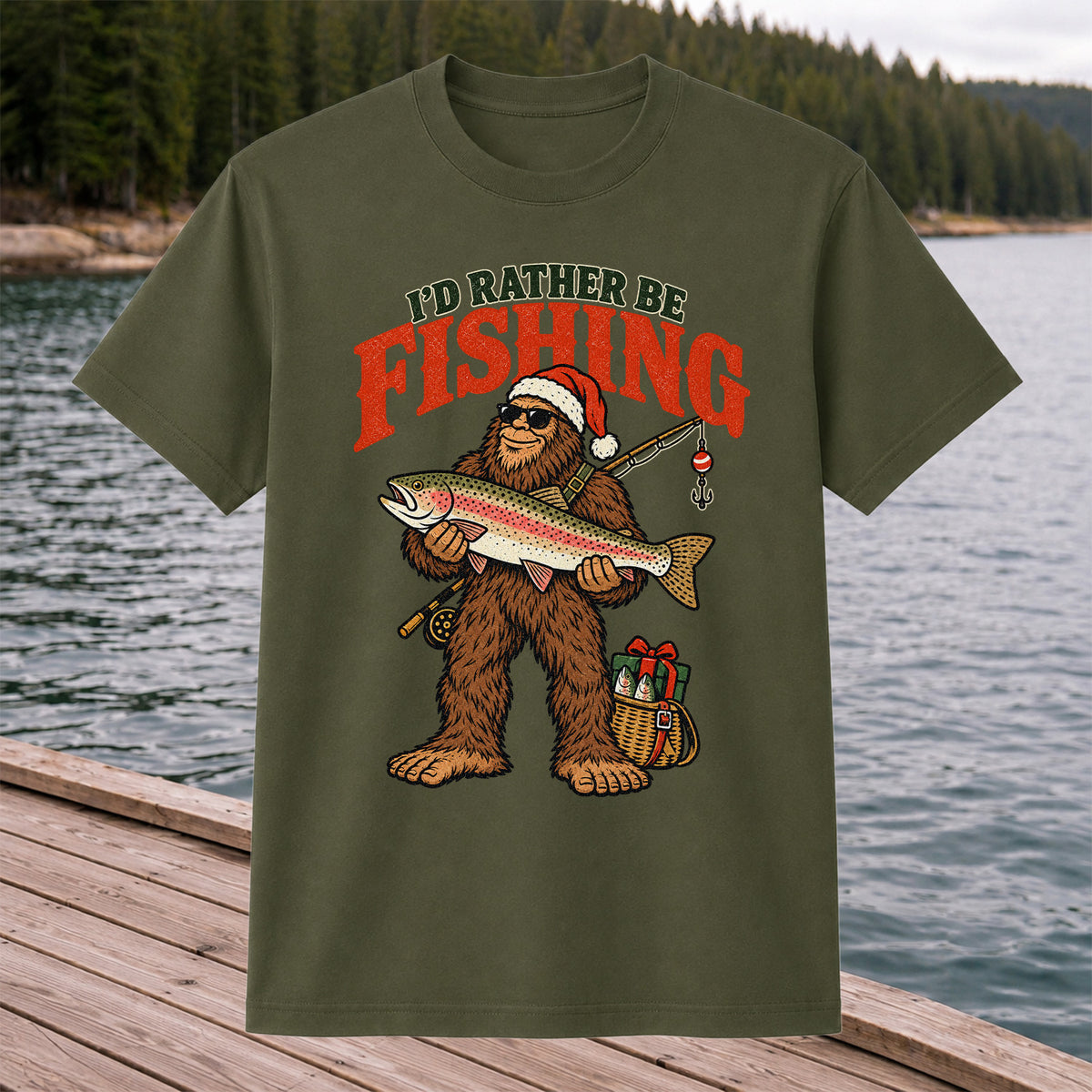 I'd Rather Be Fishing Bigfoot Holding Rainbow Trout Christmas T-Shirt