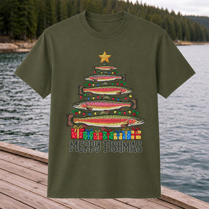 Rainbow Trout Christmas Tree Fishing Graphic T-Shirt