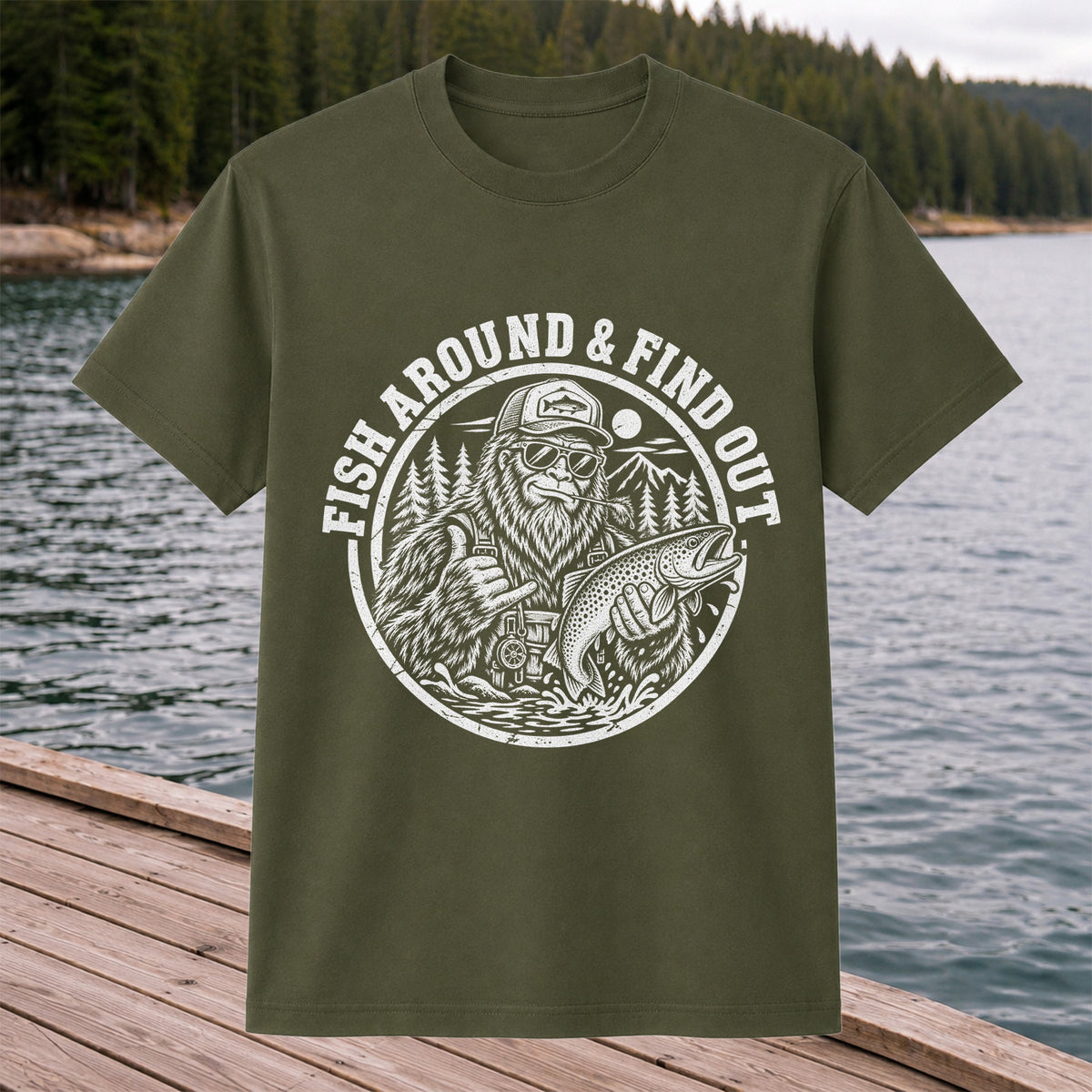 Fish Around & Find Out Bigfoot Trout Fishing Graphic T-Shirt