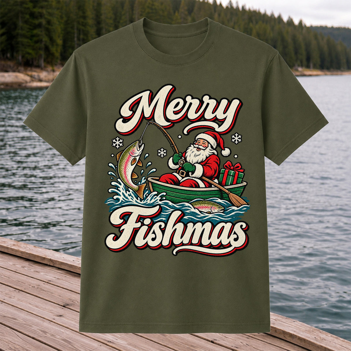 Merry Fishmas Santa Catching Rainbow Trout in a Boat Fishing T-Shirt