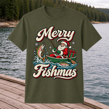 Merry Fishmas Santa Catching Rainbow Trout in a Boat Fishing T-Shirt