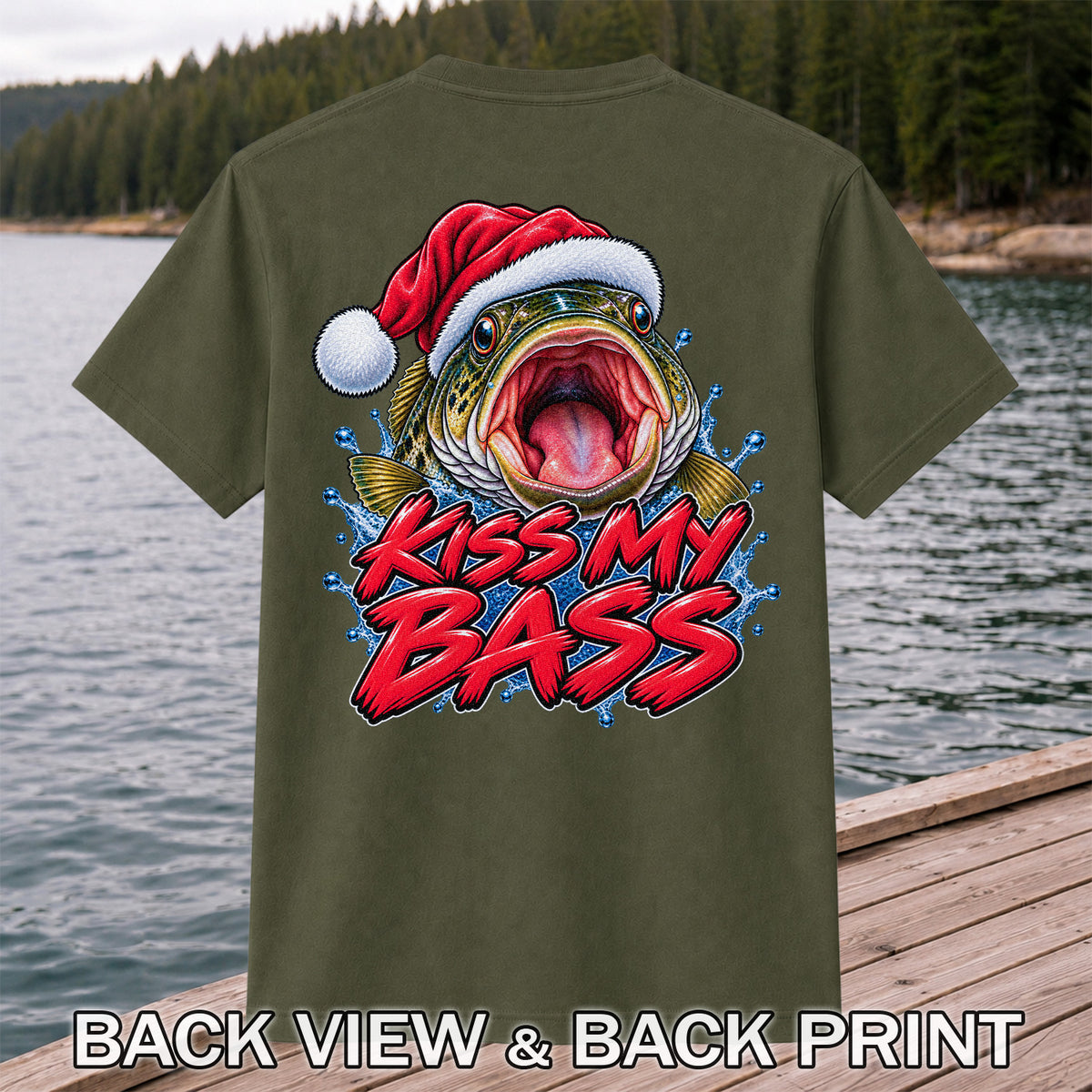 Kiss My Bass Santa Hat Funny Christmas Fishing T-Shirt | Back Print