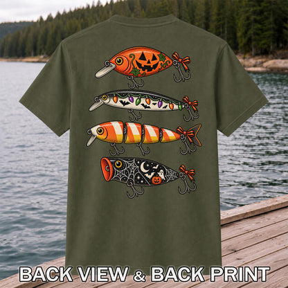 Halloween Fishing Lures with Pumpkin, Ghost and Candy Corn Graphic T-Shirt | Back Print