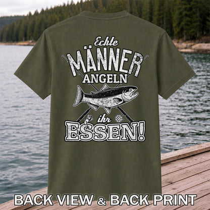 Echte Männer Angeln Ihr Essen Funny Fishing T-Shirt | Back Print