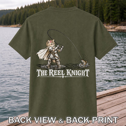 The Reel Knight Cat in Armor Funny Fishing Graphic T-Shirt | Back Print