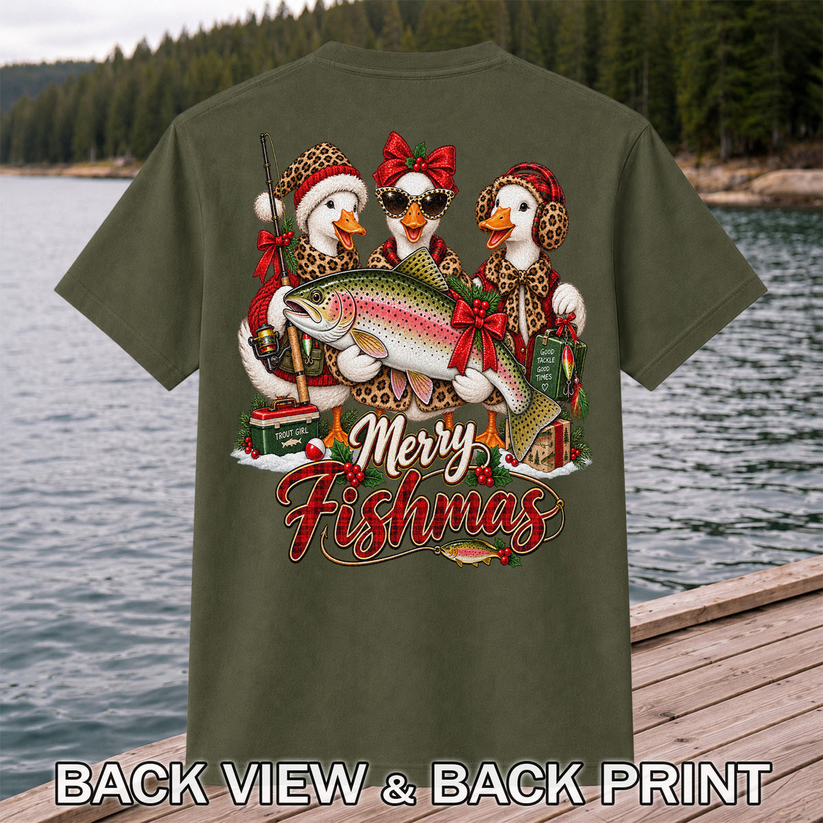 Merry Fishmas Christmas Ducks with Rainbow Trout Fishing T-Shirt | Back Print