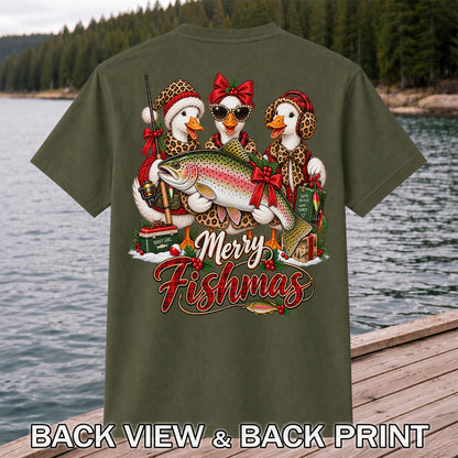 Merry Fishmas Christmas Ducks with Rainbow Trout Fishing T-Shirt | Back Print