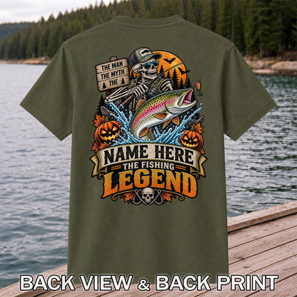 The Man The Myth The Fishing Legend Name Here Halloween Skeleton Rainbow Trout T-Shirt | Back Print