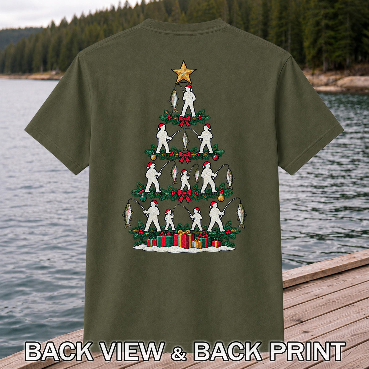 Christmas Tree with Anglers and Rainbow Trout Fishing Graphic T-Shirt | Back Print