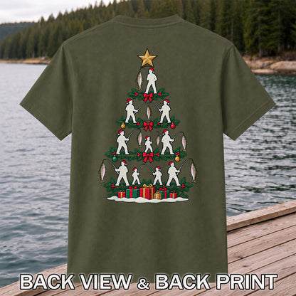 Christmas Tree with Anglers and Rainbow Trout Fishing Graphic T-Shirt | Back Print