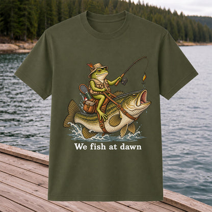 We Fish at Dawn Frog Riding Largemouth Bass Funny Fishing T-Shirt