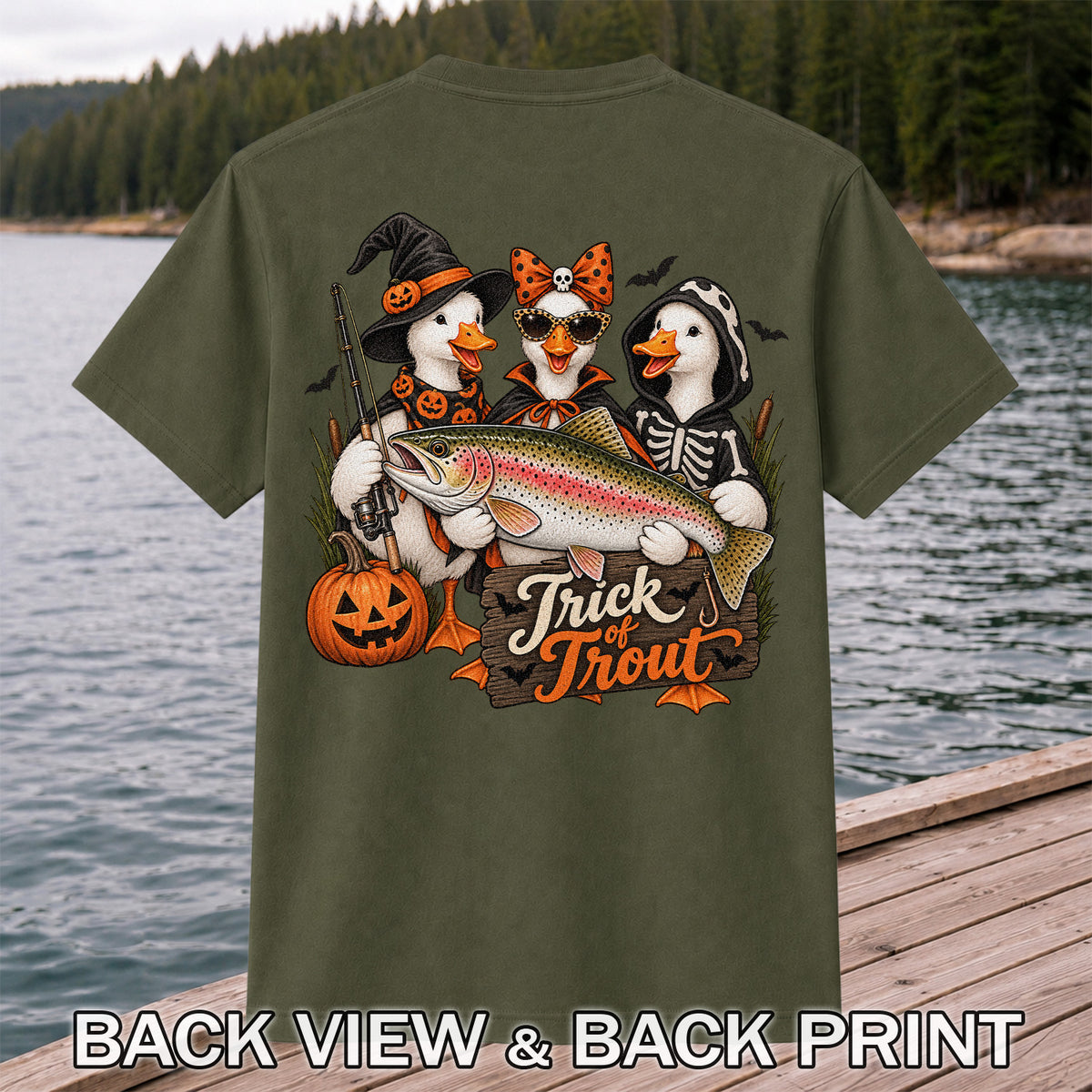 Trick of Trout Halloween Ducks with Rainbow Trout Fishing T-Shirt | Back Print