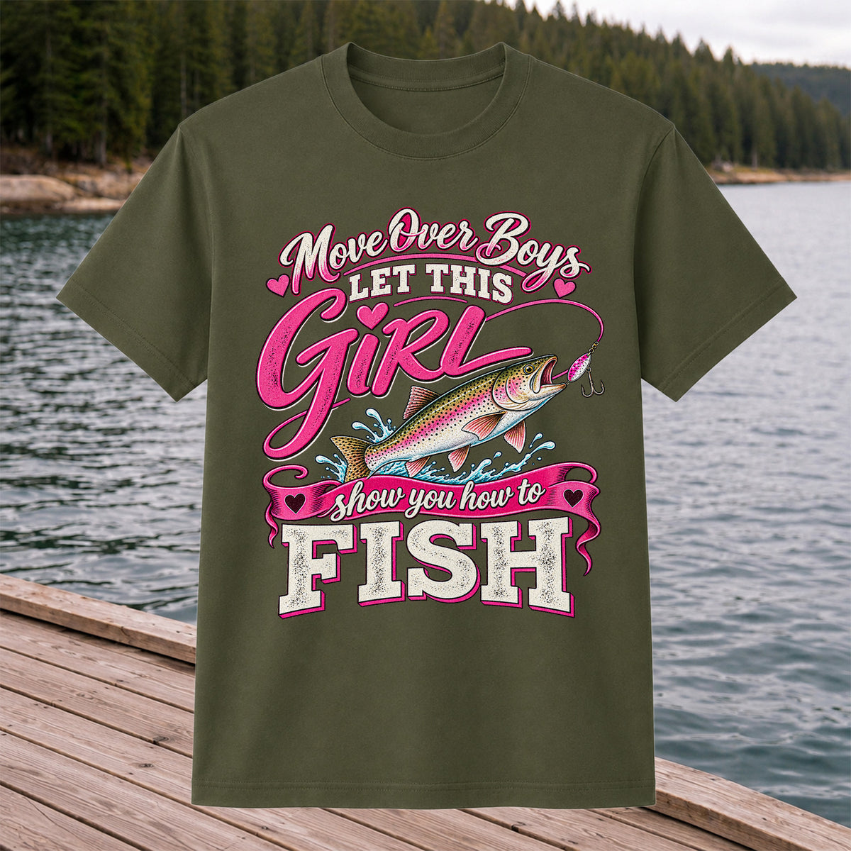 Move Over Boys Let This Girl Show You How to Fish Rainbow Trout Fishing T-Shirt