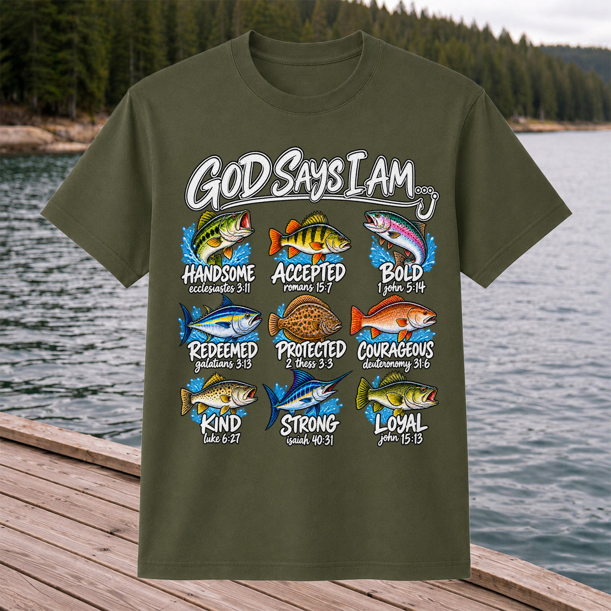 God Says I Am Christian Fish and Bible Verse Fishing Graphic T-Shirt