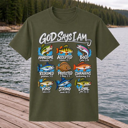 God Says I Am Christian Fish and Bible Verse Fishing Graphic T-Shirt