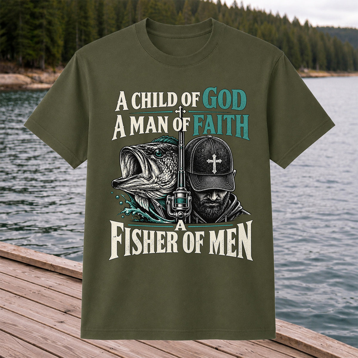 A Child of God A Man of Faith A Fisher of Men Bass Fishing T-Shirt