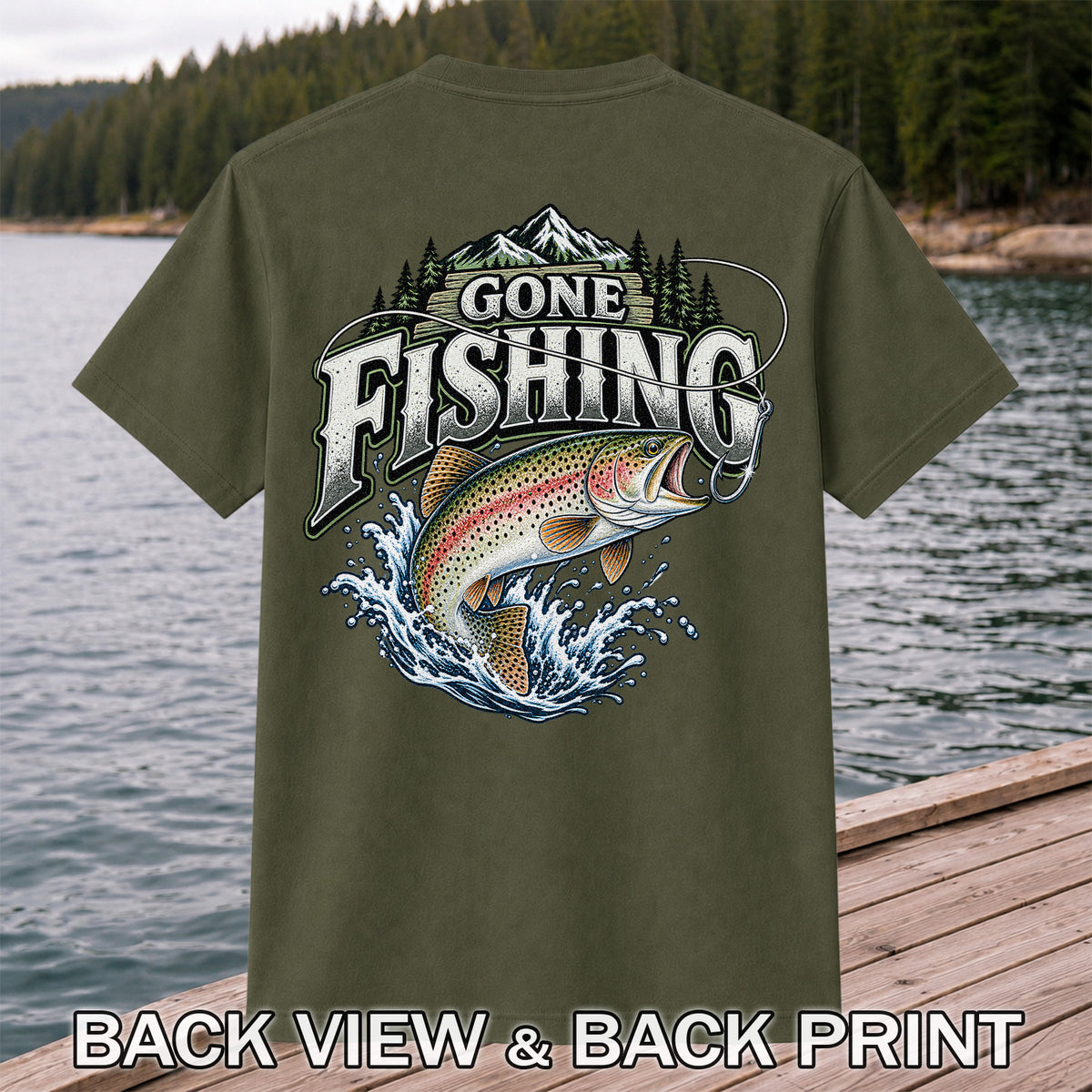 Gone Fishing Rainbow Trout and Mountains Graphic T-Shirt | Back Print