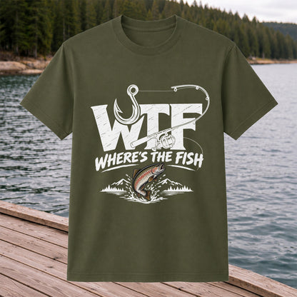 WTF Where's the Fish Rainbow Trout Fishing Graphic T-Shirt