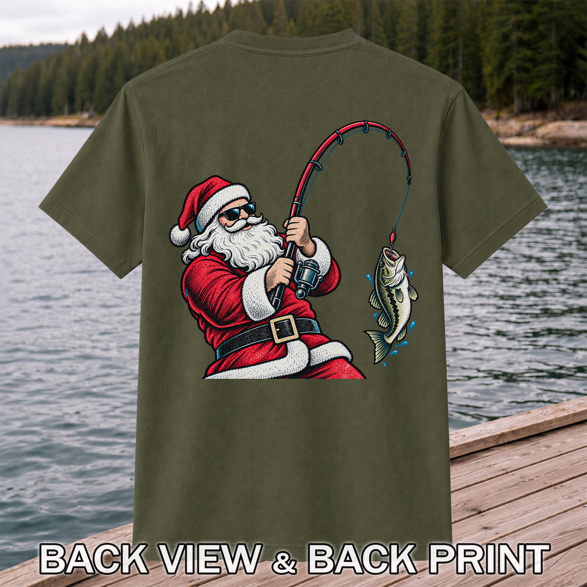 Santa Claus Catching a Bass Christmas Fishing Graphic T-Shirt | Back Print