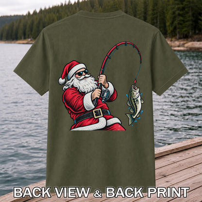 Santa Claus Catching a Bass Christmas Fishing Graphic T-Shirt | Back Print