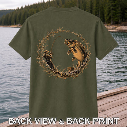 Leaping Carp and Angler Water Splash Fishing Graphic T-Shirt | Back Print