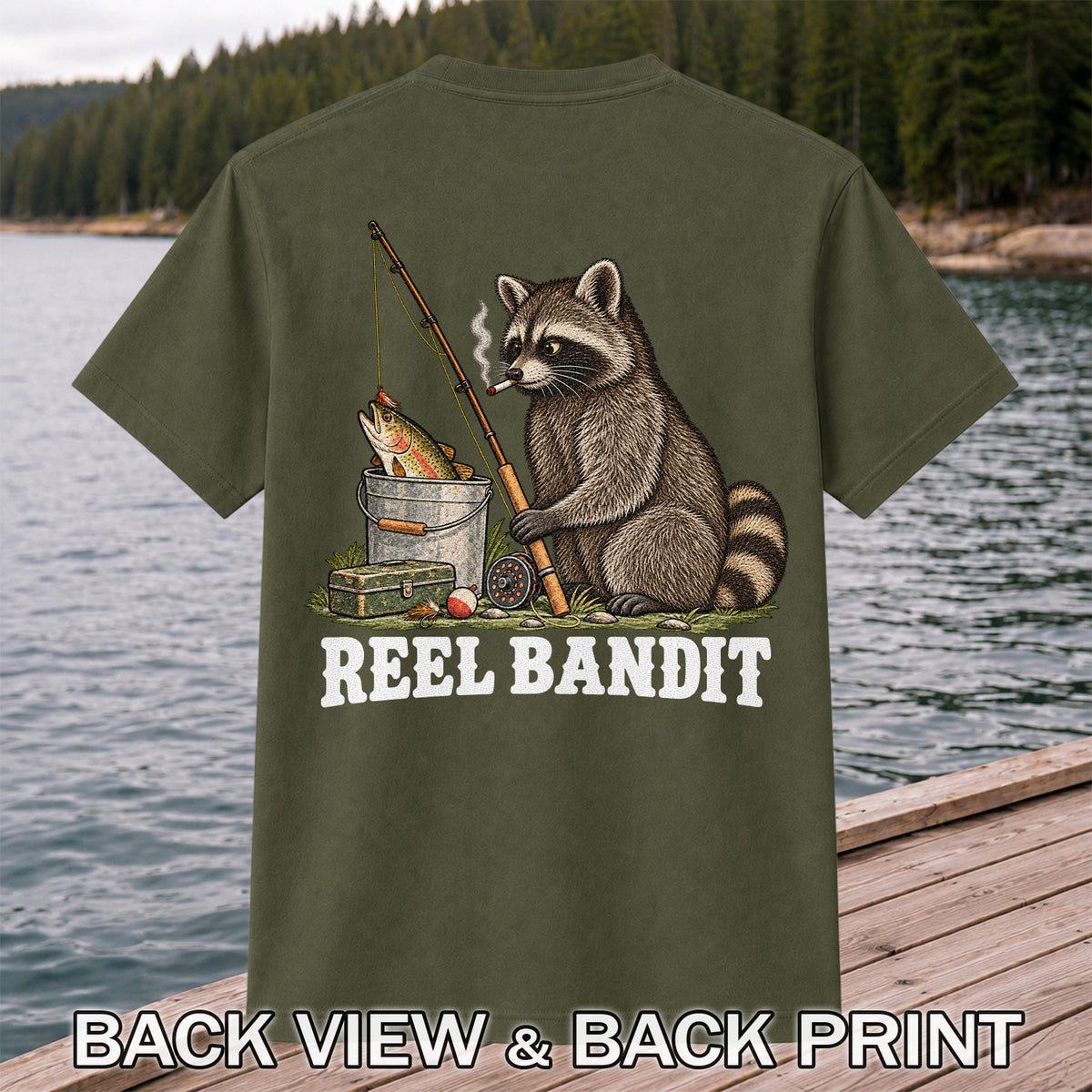 Reel Bandit Smoking Raccoon with Fishing Rod Funny T-Shirt | Back Print