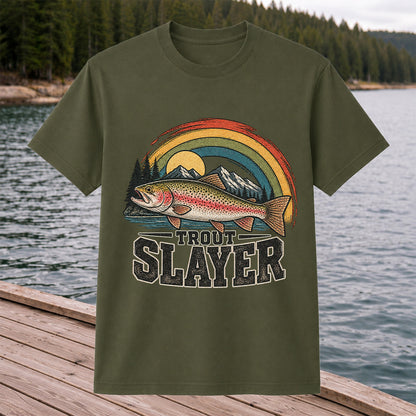 Trout Slayer Rainbow Trout Mountain Fishing Graphic T-Shirt