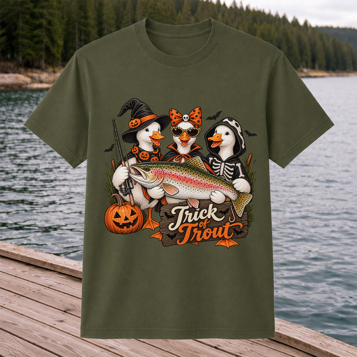 Trick of Trout Halloween Ducks with Rainbow Trout Fishing T-Shirt