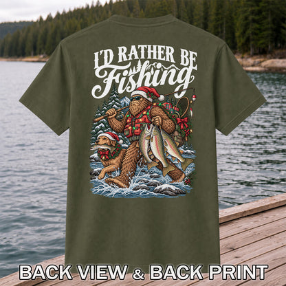I'd Rather Be Fishing Bigfoot and Dog Christmas Fishing T-Shirt | Back Print