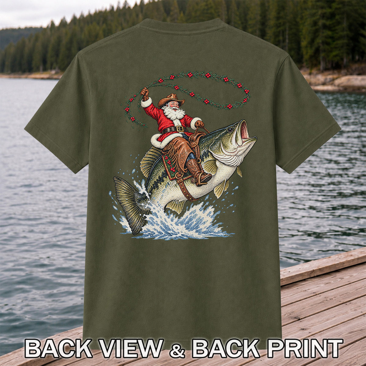 Cowboy Santa Riding a Jumping Bass Christmas Fishing Graphic T-Shirt | Back Print