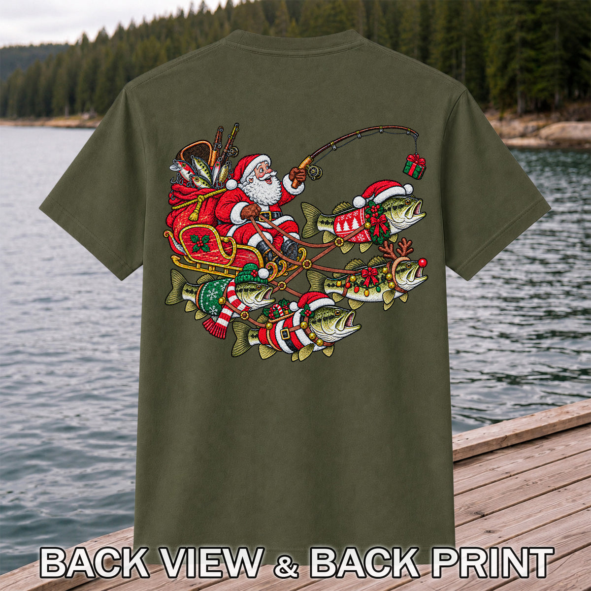 Santa Pulling Festive Bass Fishing Graphic T-Shirt | Back Print