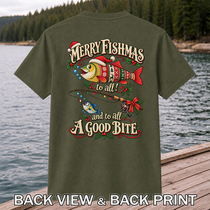 Merry Fishmas to All and to All a Good Bite Christmas Fishing T-Shirt | Back Print
