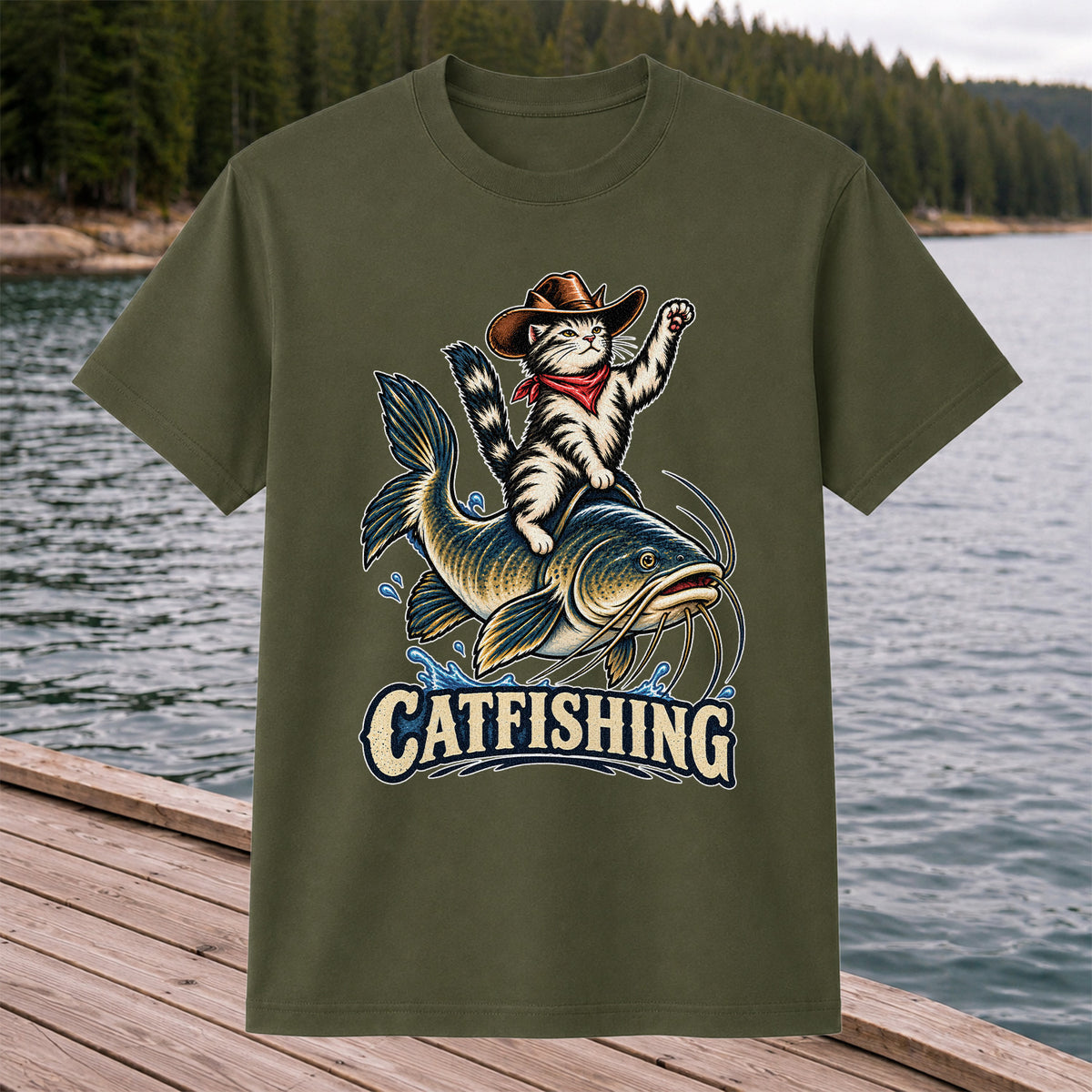 Catfishing Cowboy Cat Riding a Catfish Graphic T-Shirt
