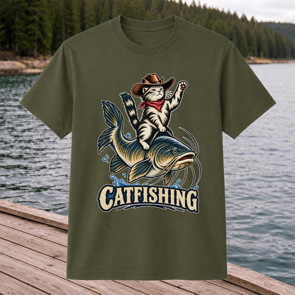 Catfishing Cowboy Cat Riding a Catfish Graphic T-Shirt
