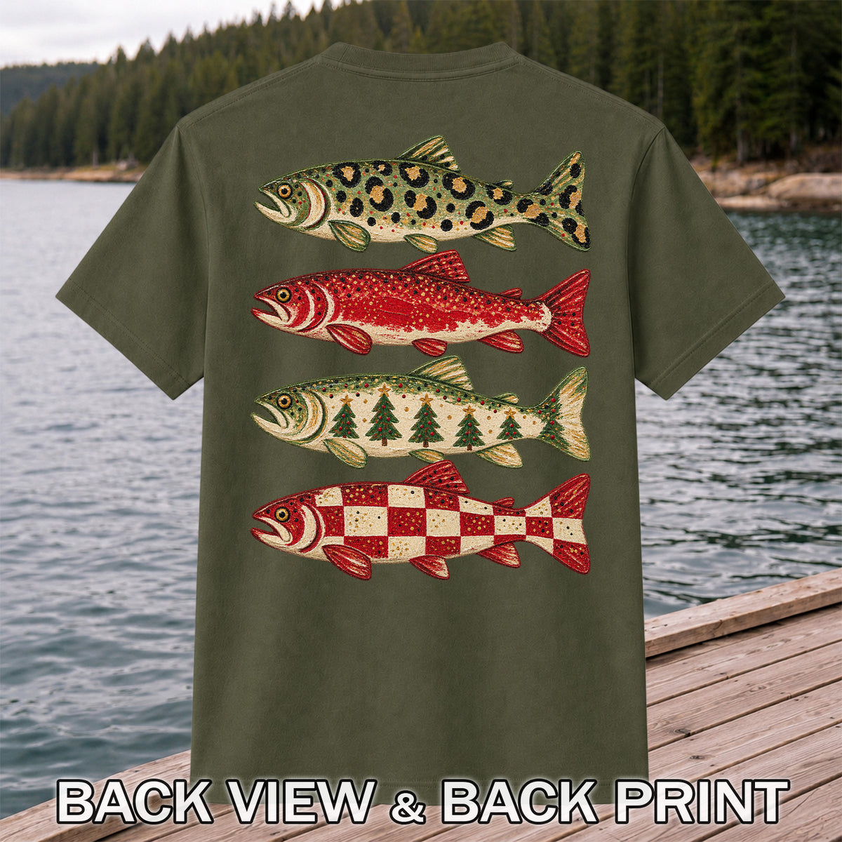Four Seasonal Trout Patterns Christmas Fishing Graphic T-Shirt | Back Print