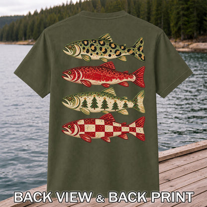 Four Seasonal Trout Patterns Christmas Fishing Graphic T-Shirt | Back Print