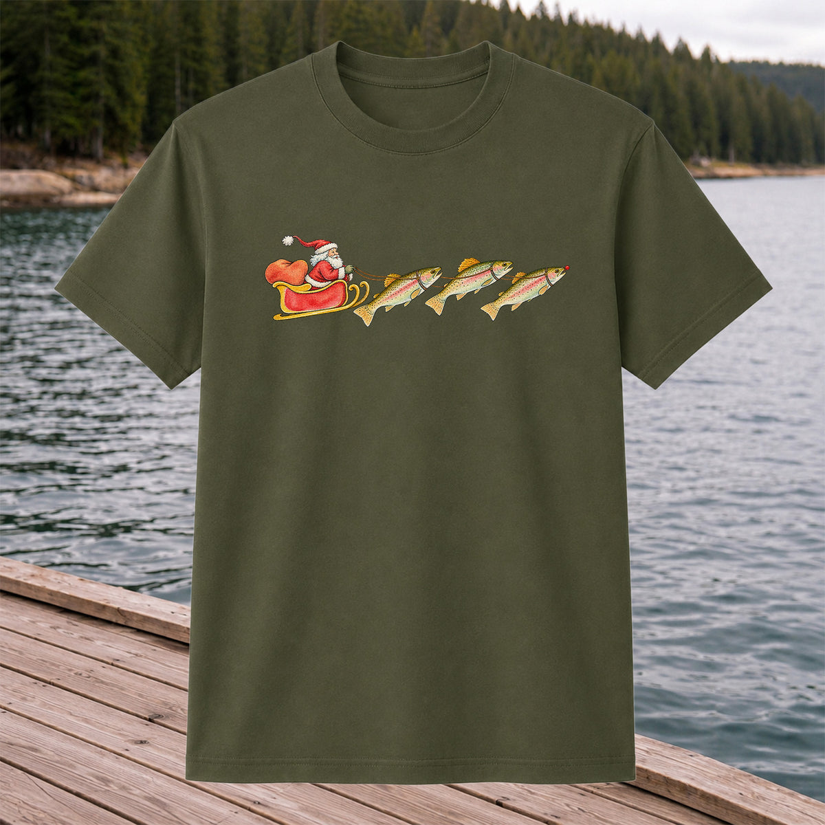 Santa Sleigh Pulling Rainbow Trout Fishing Graphic T-Shirt