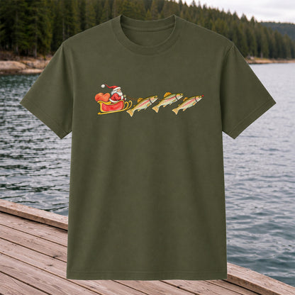 Santa Sleigh Pulling Rainbow Trout Fishing Graphic T-Shirt