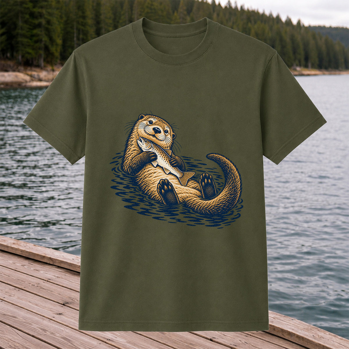 Cute Otter Holding Fish Hand Drawn Fishing Graphic T-Shirt