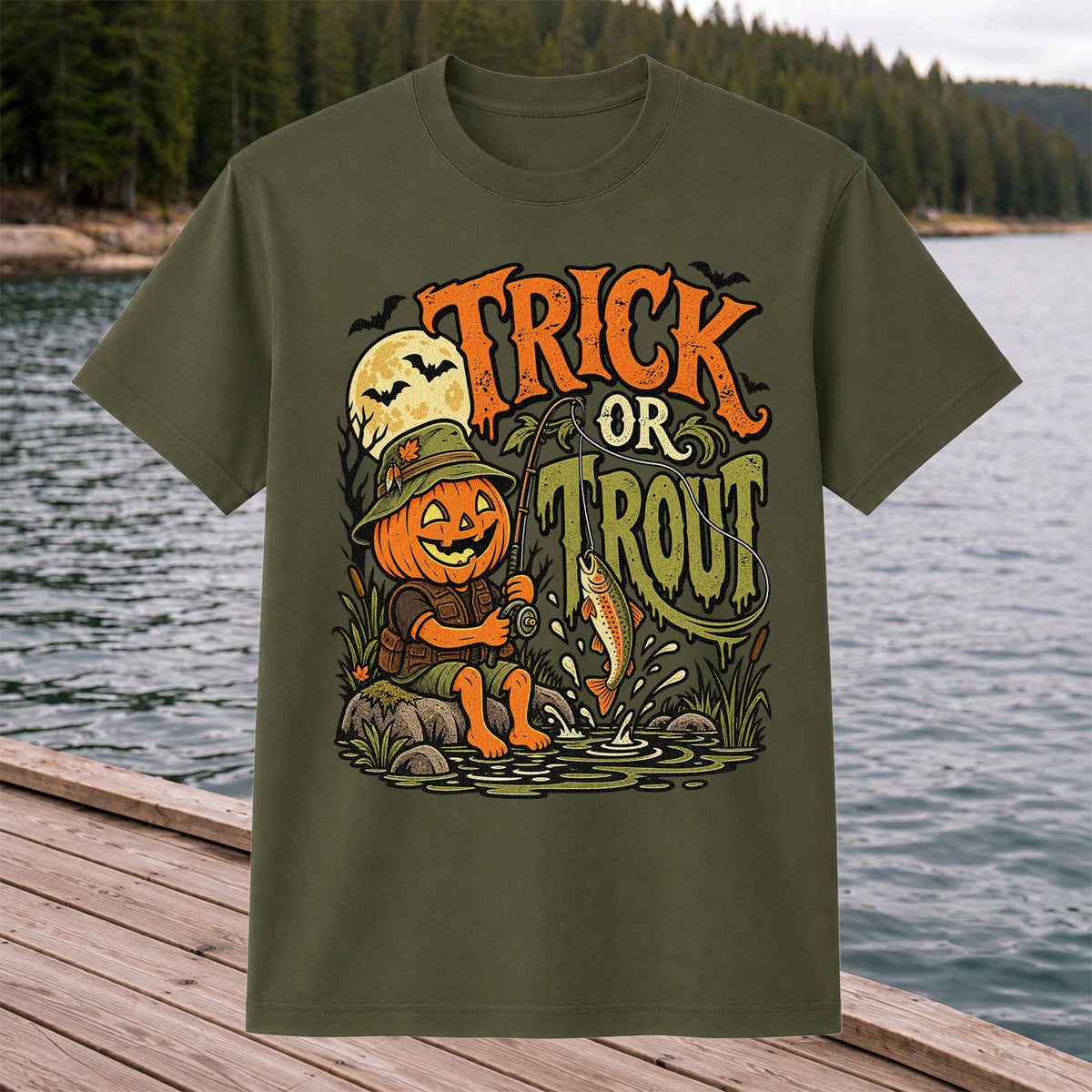 Trick or Trout Pumpkin Angler Halloween Fishing T-Shirt