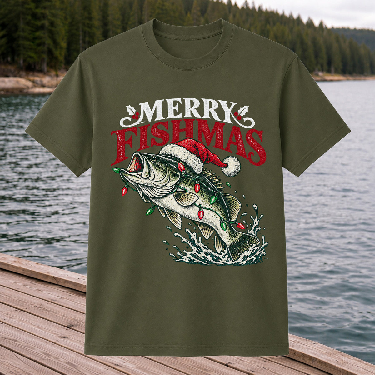 Christmas Bass Fishing Graphic T-Shirt with Santa Hat
