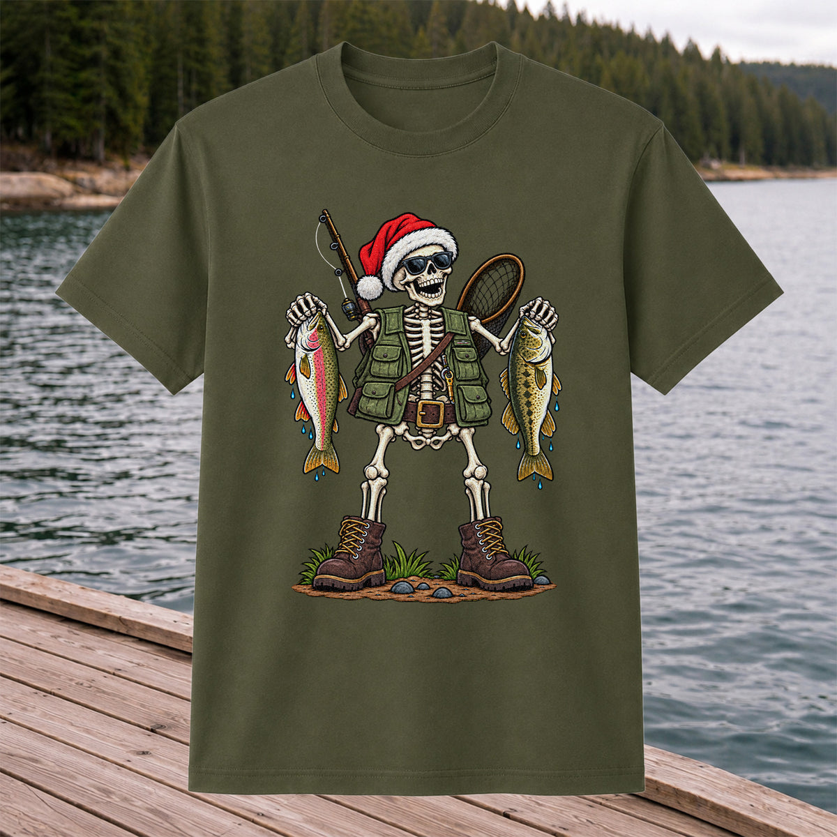 Santa Hat Skeleton Holding Trout and Bass Christmas Fishing T-Shirt