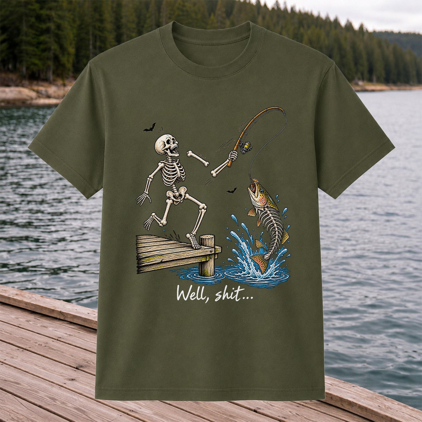 Well, Shit Skeleton Fishing Funny Graphic T-Shirt