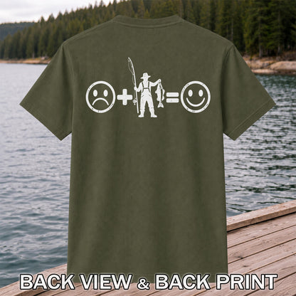 Fishing Turns Sad Face Into Happy Face Graphic T-Shirt | Back Print