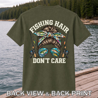 Fishing Hair Don't Care Messy Bun and Sunglasses T-Shirt | Back Print