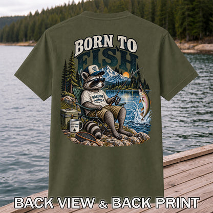 Born to Fish Raccoon in Sunglasses Lake Fishing T-Shirt | Back Print