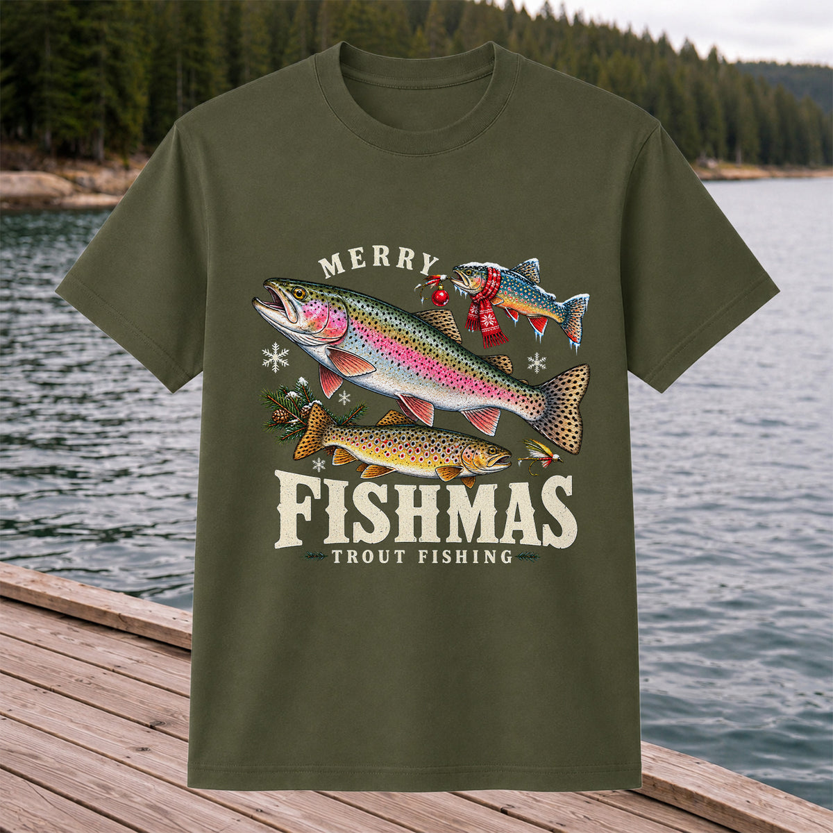 Merry Fishmas Trout Fishing Christmas Graphic T-Shirt