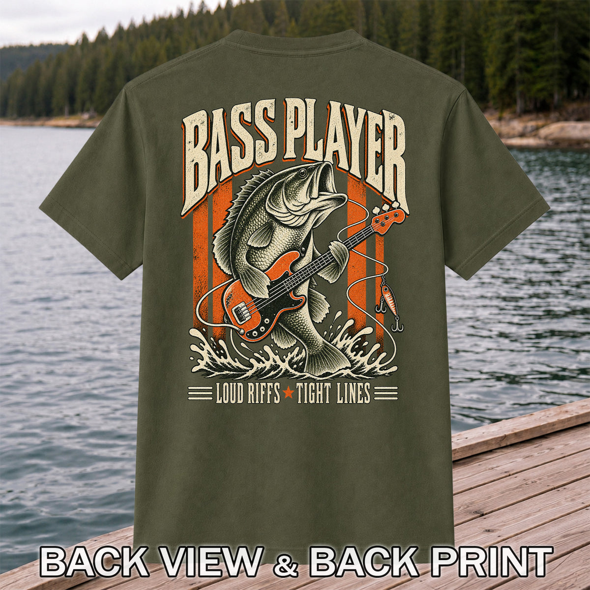 Bass Playing Guitar Vintage Fishing Graphic T-Shirt | Back Print