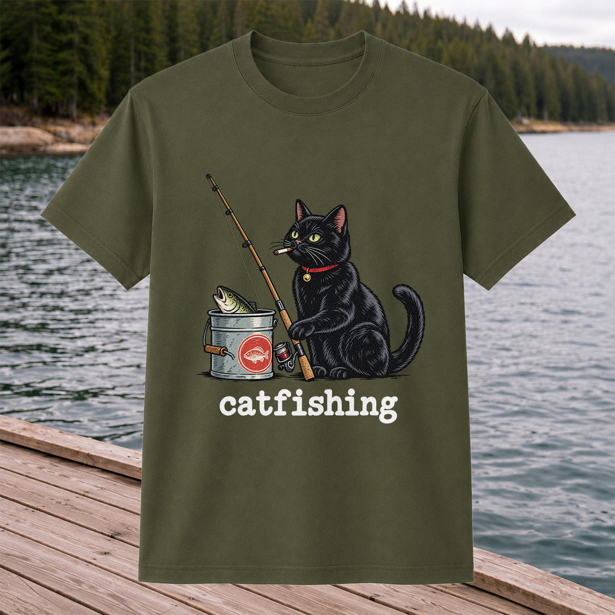 Catfishing Funny Black Cat with Fishing Rod Graphic T-Shirt