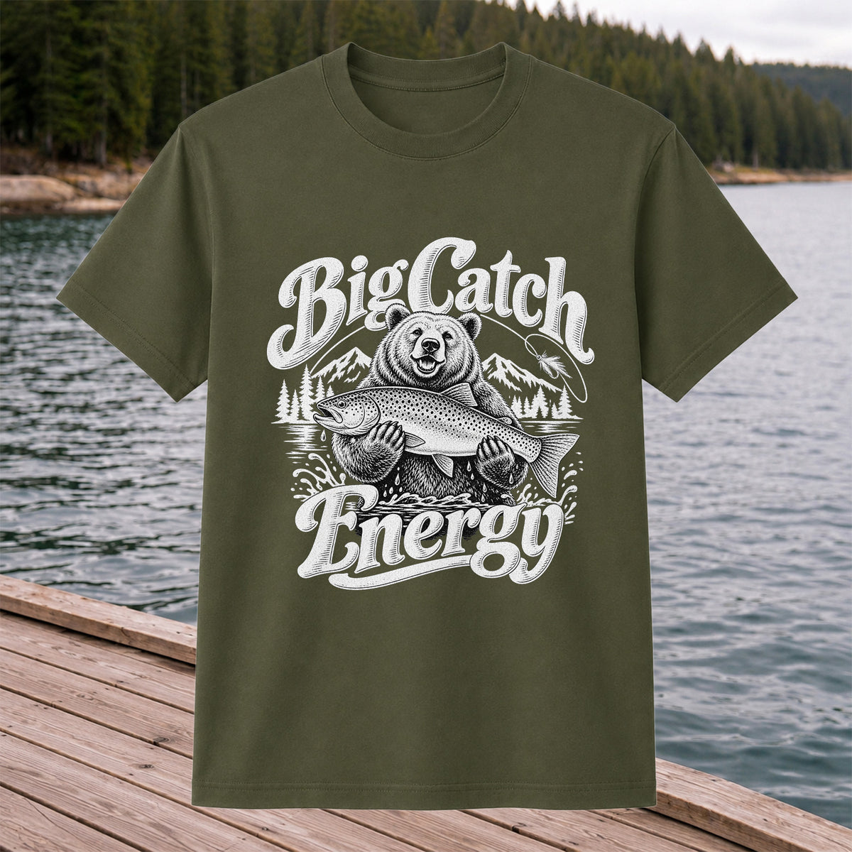 Big Catch Energy Bear Holding Trout Fishing T-Shirt
